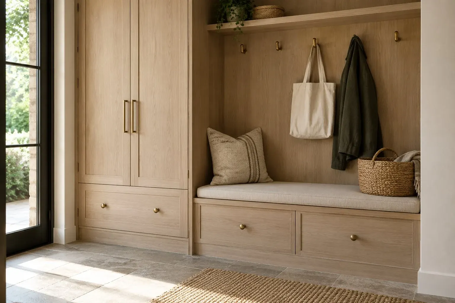 Light wood entryway with built-in bench seating, storage cabinets, hooks, and woven baskets