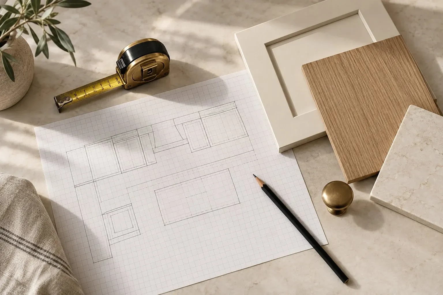 Architect's workspace with floor plan sketches, tape measure, pencil, and material samples on marble surface