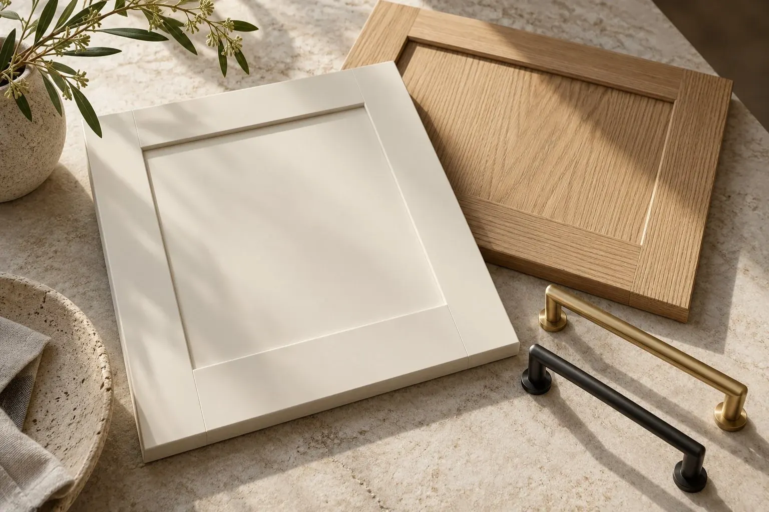 Cabinet door samples in white and natural wood with hardware handles on concrete surface