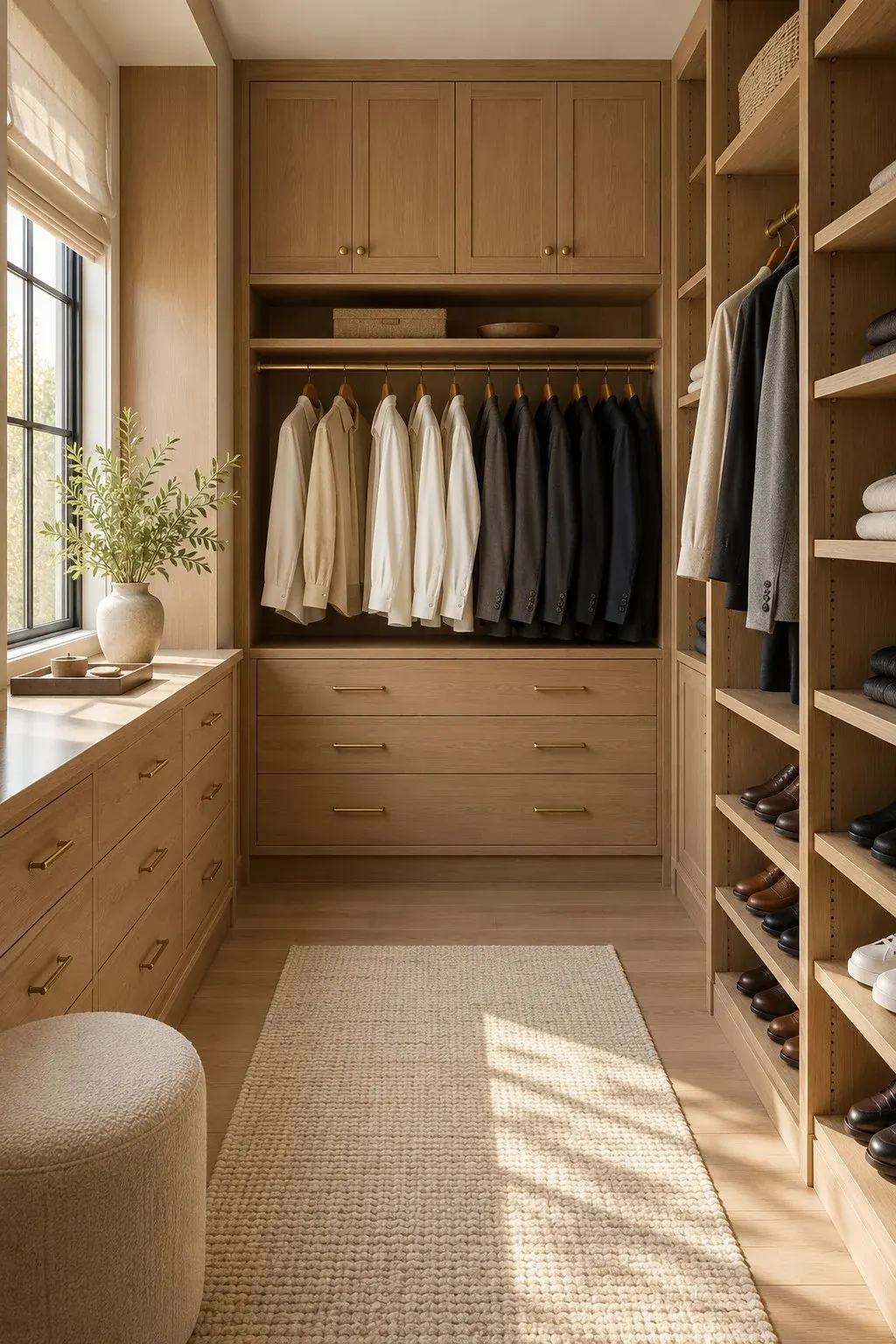Luxurious walk-in closet with natural wood cabinetry, organized clothing on hangers, and shelved footwear