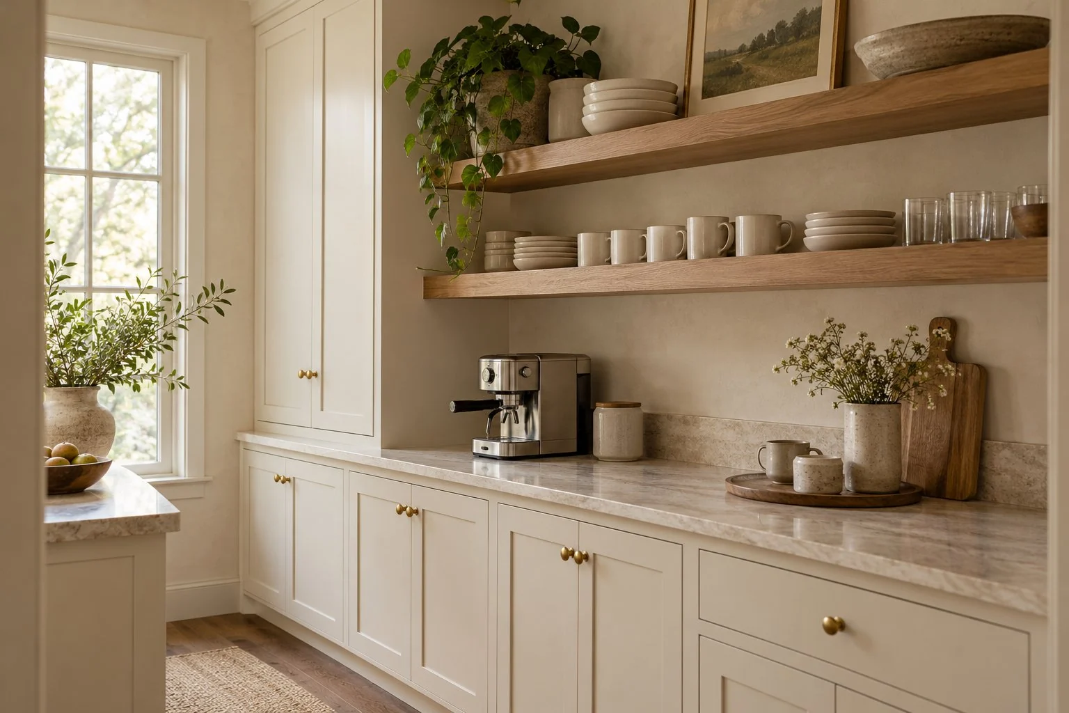 Bright farmhouse kitchen with cream cabinets, wooden open shelving, marble countertop, and brass hardware