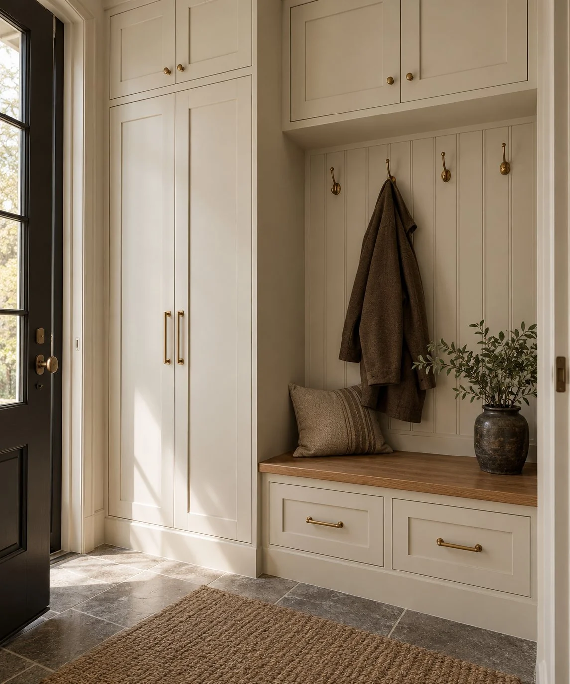 Cream mudroom with built-in cabinetry, wooden bench seat, hooks, and dark coat hanging