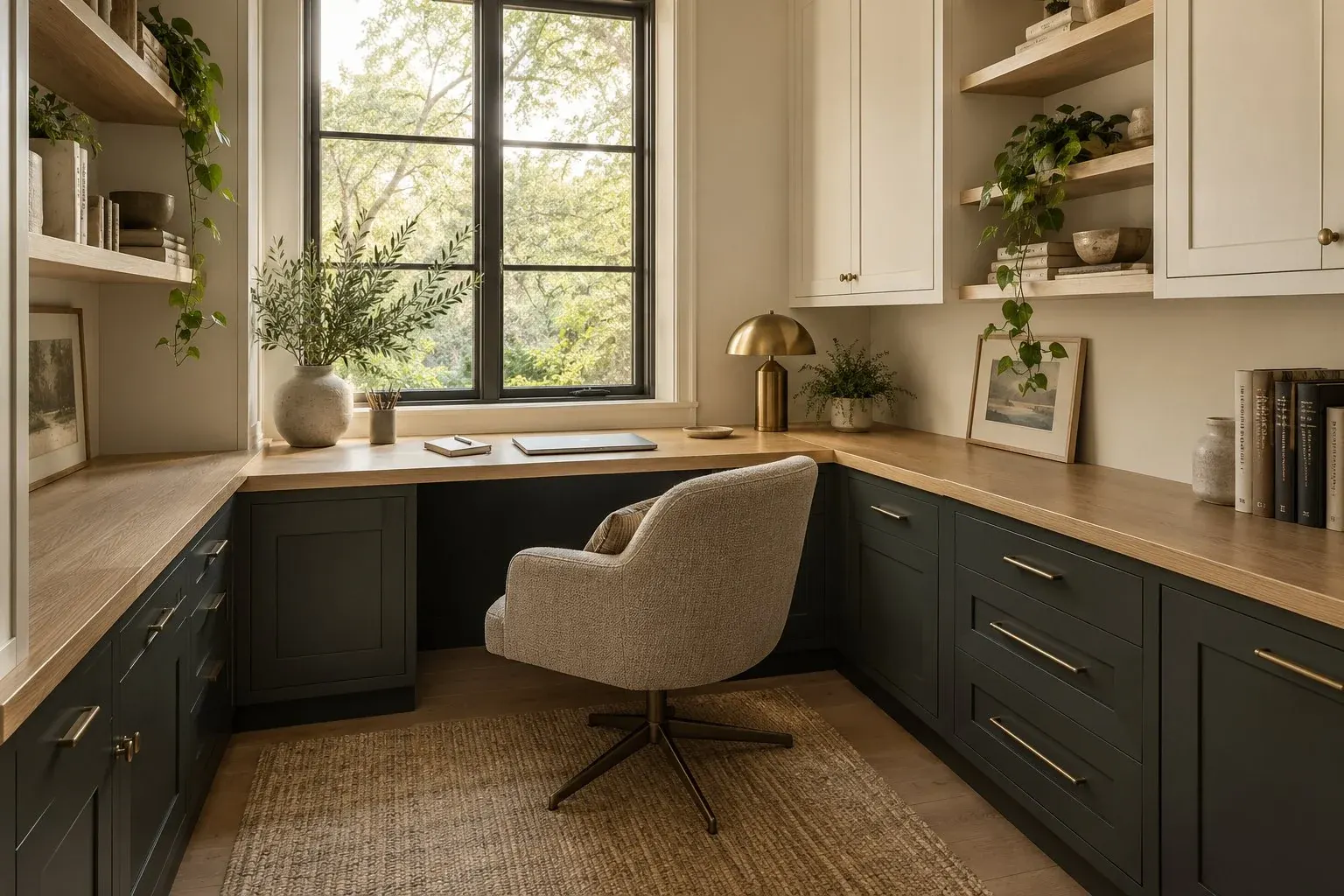 Modern home office with L-shaped desk, black cabinetry, natural wood countertop, and large window overlooking trees