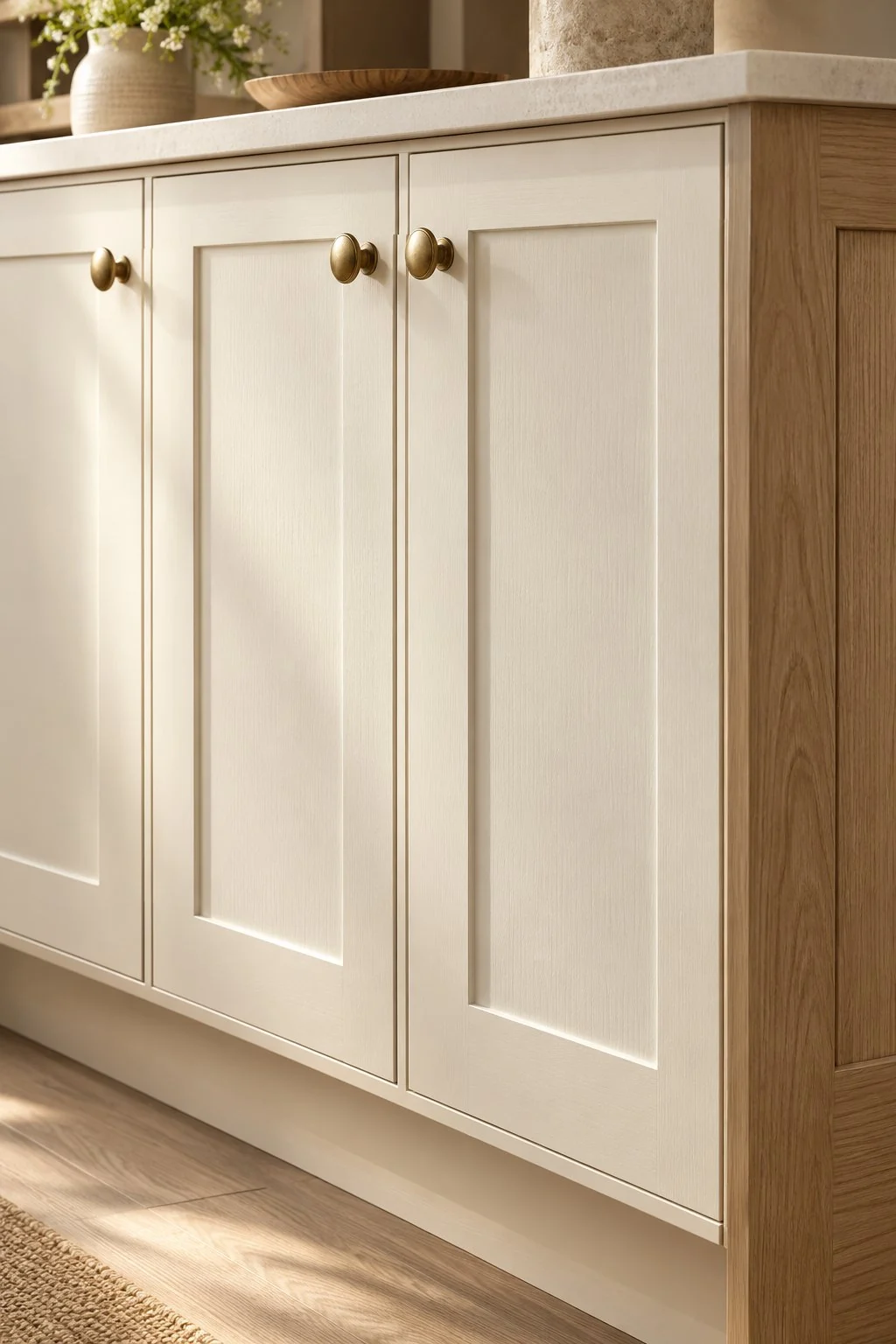 Cream and wood cabinet with brass knobs and recessed panel doors