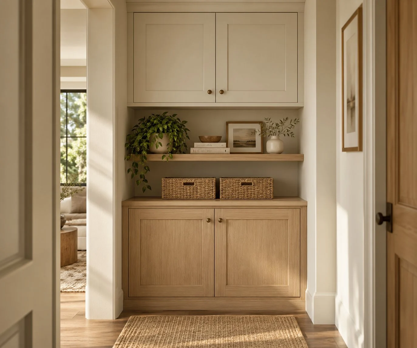 Built-in wooden cabinetry with open shelving displaying plants, books, and woven storage baskets